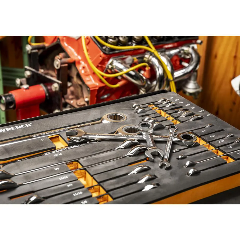 21 Piece 72-Tooth 12 Point SAE Standard & Stubby Combination Ratcheting Wrench Set with Foam Storage Tray