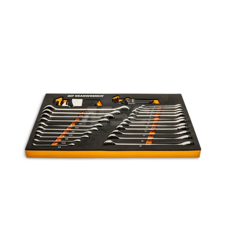 44 Piece 90T SAE/Metric Combination Ratcheting Wrench & Long Arm Hex Key Set with Foam Storage Tray