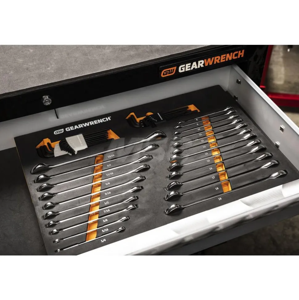 44 Piece 90T SAE/Metric Combination Ratcheting Wrench & Long Arm Hex Key Set with Foam Storage Tray