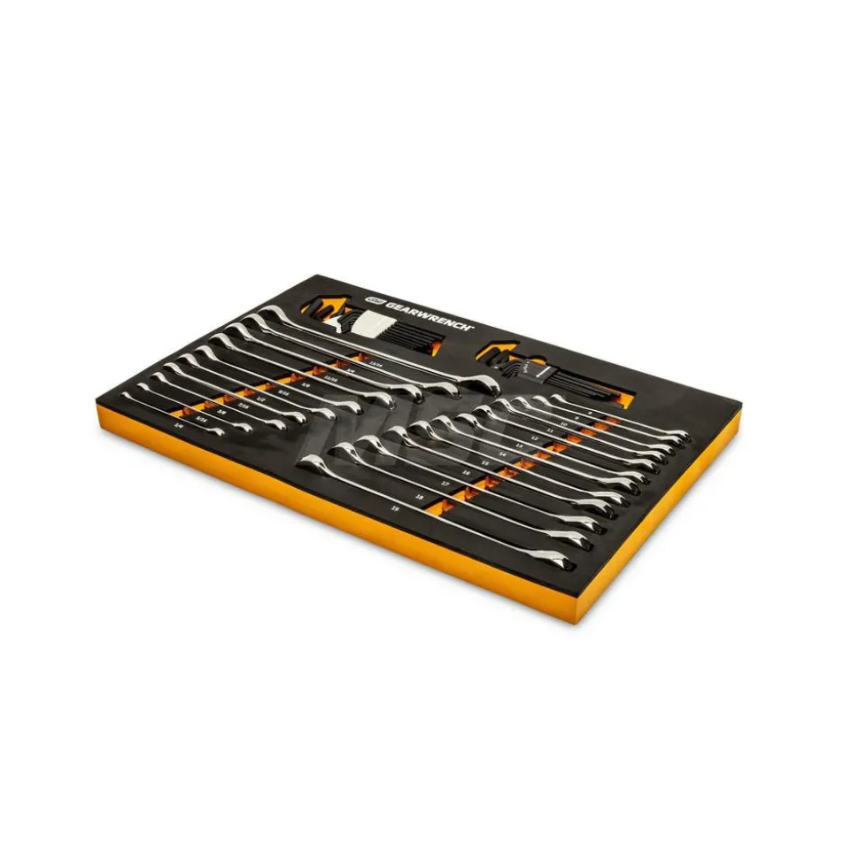 44 Piece 90T SAE/Metric Combination Ratcheting Wrench & Long Arm Hex Key Set with Foam Storage Tray