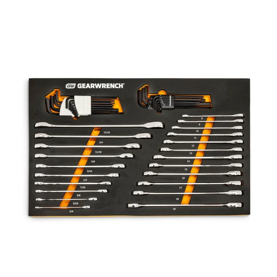 44 Piece 90T SAE/Metric Combination Ratcheting Wrench & Long Arm Hex Key Set with Foam Storage Tray