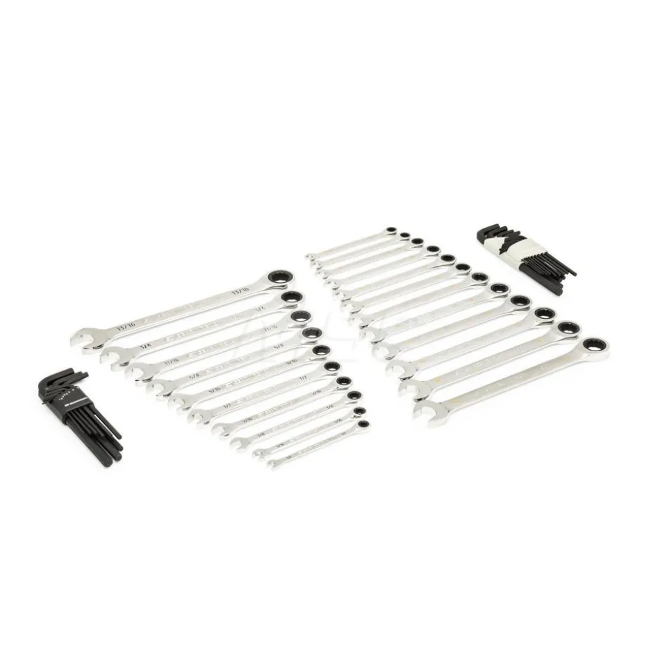 44 Piece 90T SAE/Metric Combination Ratcheting Wrench & Long Arm Hex Key Set with Foam Storage Tray