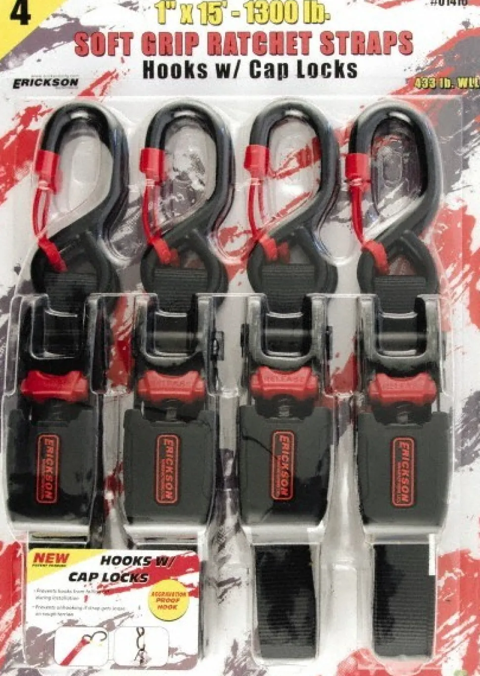 Polyester Ratchet Strap Tie Down: 15' Long, 1" Wide, 1300 lb Breaking Strength, 433.000 lb Load Capacity