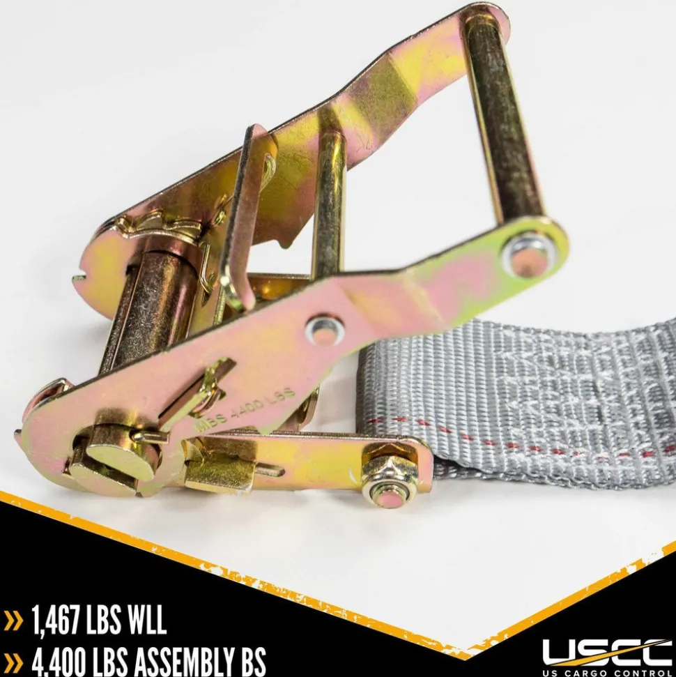 Polyester Ratchet Strap Tie Down: 16' Long, 2" Wide, 4400 lb Breaking Strength, 1467.000 lb Load Capacity
