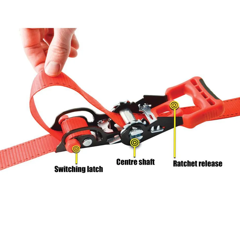 Polyester Ratchet Strap Tie Down: 14' Long, 1-1/4" Wide, 2000 lb Breaking Strength, 665.000 lb Load Capacity