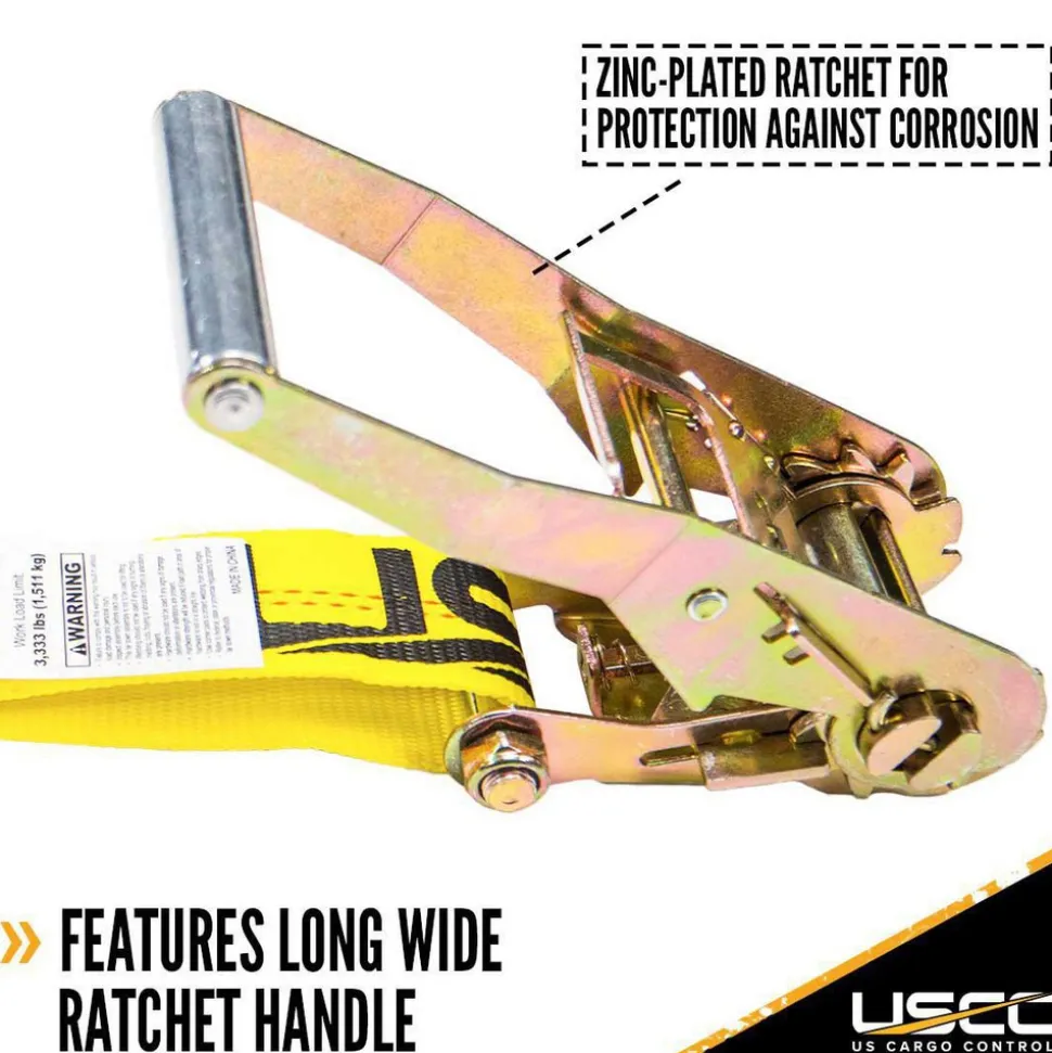 Polyester Ratchet Strap Tie Down: 18' Long, 2" Wide, 10000 lb Breaking Strength, 3333.000 lb Load Capacity