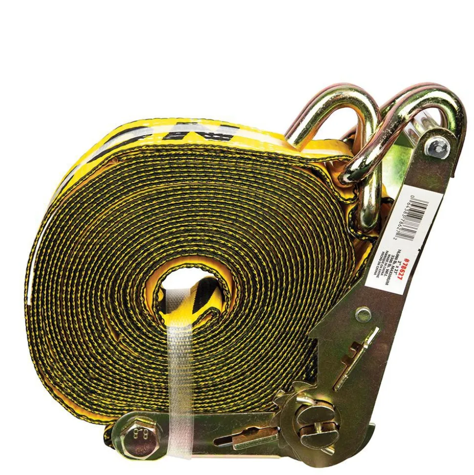 Polyester Ratchet Strap Tie Down: 27' Long, 2" Wide, 10000 lb Breaking Strength, 3300.000 lb Load Capacity