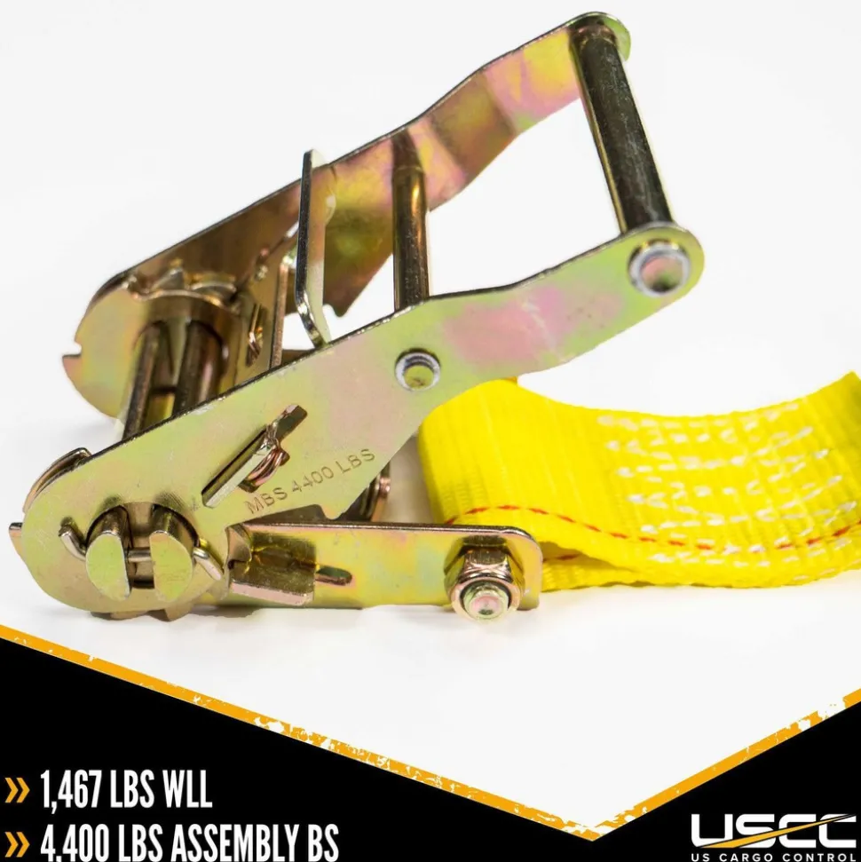 Polyester Ratchet Strap Tie Down: 12' Long, 2" Wide, 4400 lb Breaking Strength, 1467.000 lb Load Capacity