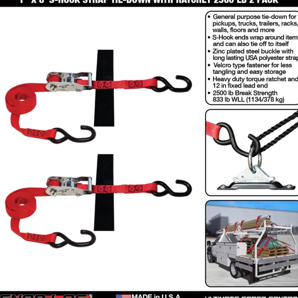 Polyester Ratchet Strap Tie Down: 8' Long, 1" Wide, 2500 lb Breaking Strength, 833.000 lb Load Capacity