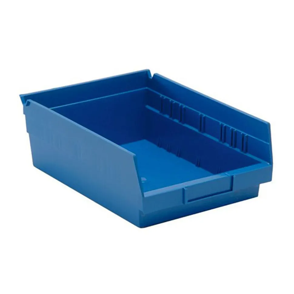 Polypropylene Hopper Shelf Bin: 8-3/8" OAW, 11-5/8" OAL, 4" OAH, Blue