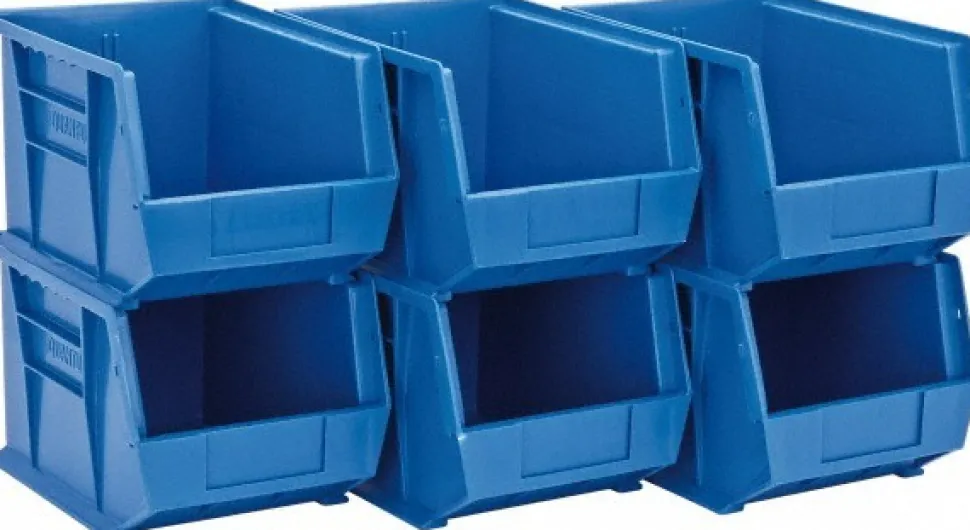 Polypropylene Hopper Stacking Bin: 8-1/4" OAW, 10-3/4" OAL, 7" OAH, Blue