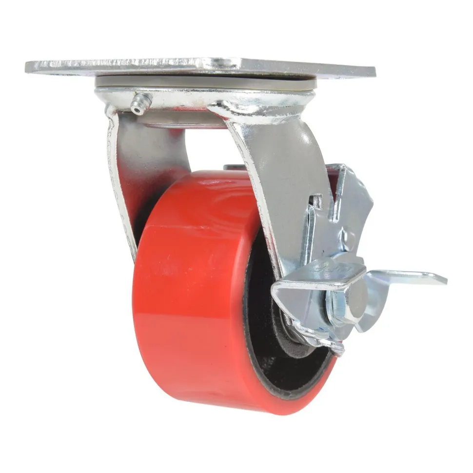 Polyurethane Swivel With Brake Caster: 4 In. Diameter x 2 In. Width 792 Lb. Capacity Red/Black