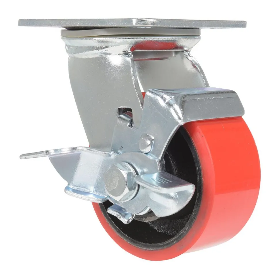 Polyurethane Swivel With Brake Caster: 4 In. Diameter x 2 In. Width 792 Lb. Capacity Red/Black
