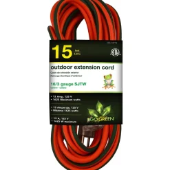 Power Cords: Cord Type: Extension Cord; Overall Length (Feet): 15; Cord Color: Orange; Amperage: 13.0000