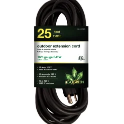 Power Cords: Cord Type: Extension Cord; Overall Length (Feet): 25; Cord Color: Black; Amperage: 13.0000