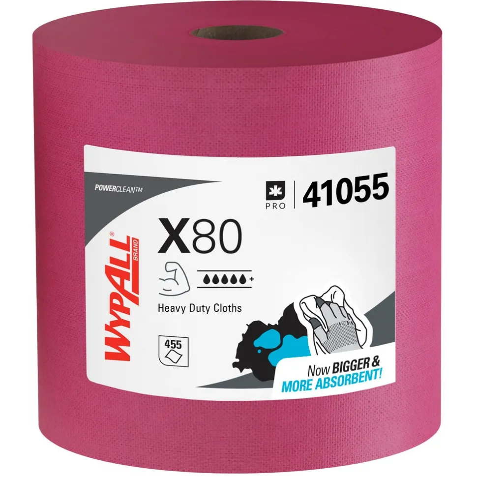 PowerClean™ x80 Heavy Duty Cloths (41055), Jumbo Roll, Extended Use Towels, Red