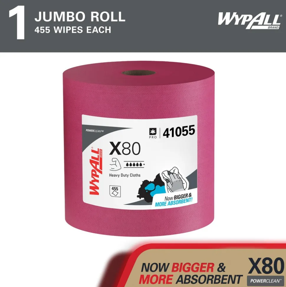 PowerClean™ x80 Heavy Duty Cloths (41055), Jumbo Roll, Extended Use Towels, Red