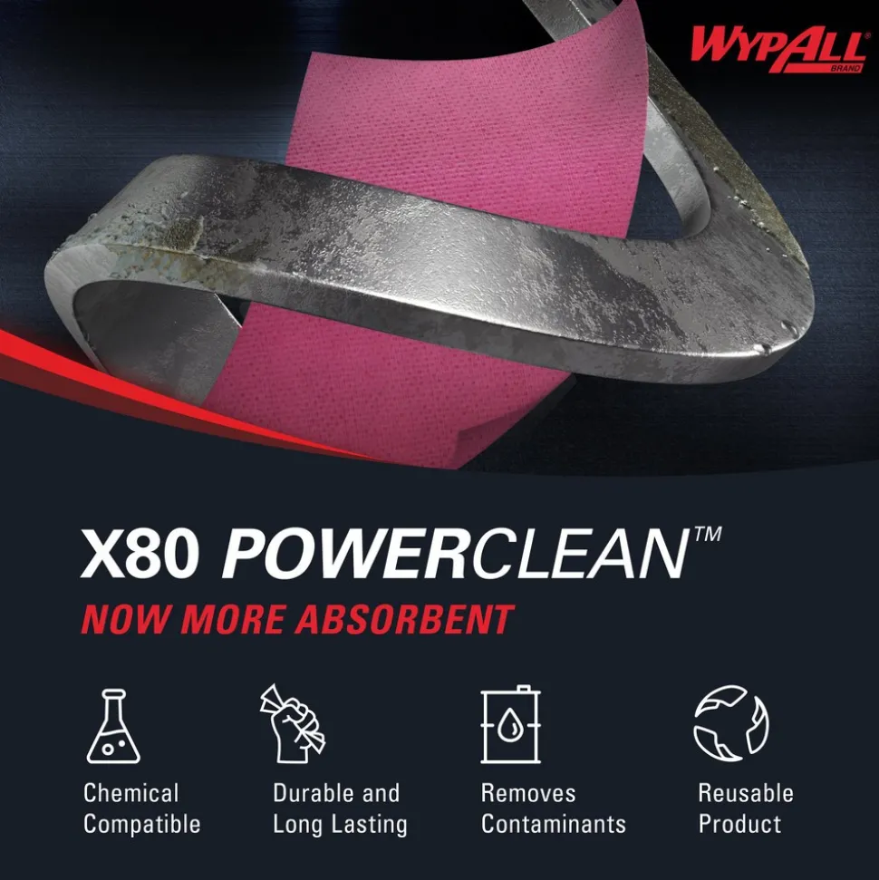 PowerClean™ x80 Heavy Duty Cloths (41055), Jumbo Roll, Extended Use Towels, Red
