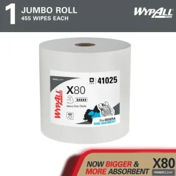 PowerClean™ x80 Heavy Duty Cloths (41025), Jumbo Roll, Extended Use Towels, White
