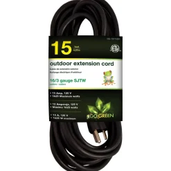 Power Cords: Cord Type: Extension Cord; Overall Length (Feet): 15; Cord Color: Black; Amperage: 13.0000