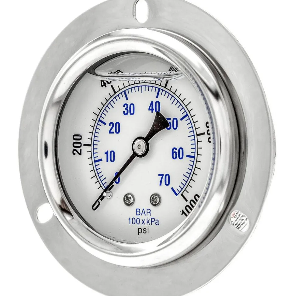 Pressure Gauge: 2-1/2" Dial Dia, 0 to 1,000 psi, 1/4" MNPT, Front Flange Panel & Center Back Mount