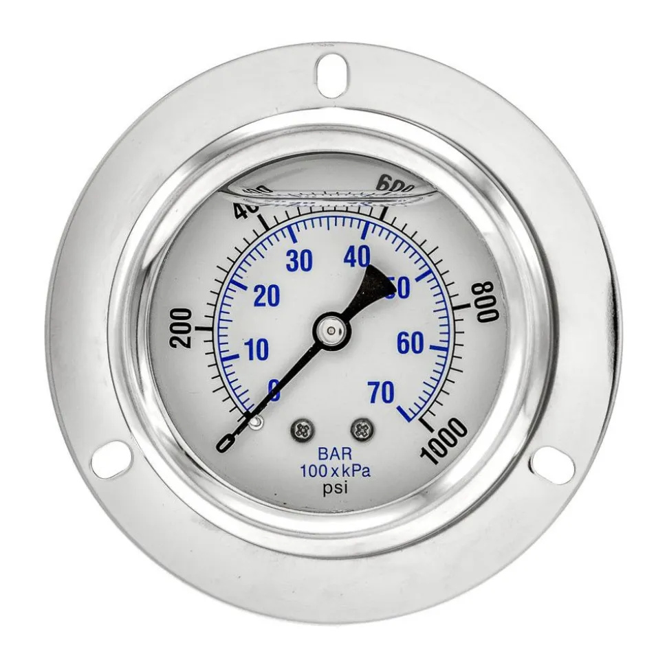 Pressure Gauge: 2-1/2" Dial Dia, 0 to 1,000 psi, 1/4" MNPT, Front Flange Panel & Center Back Mount