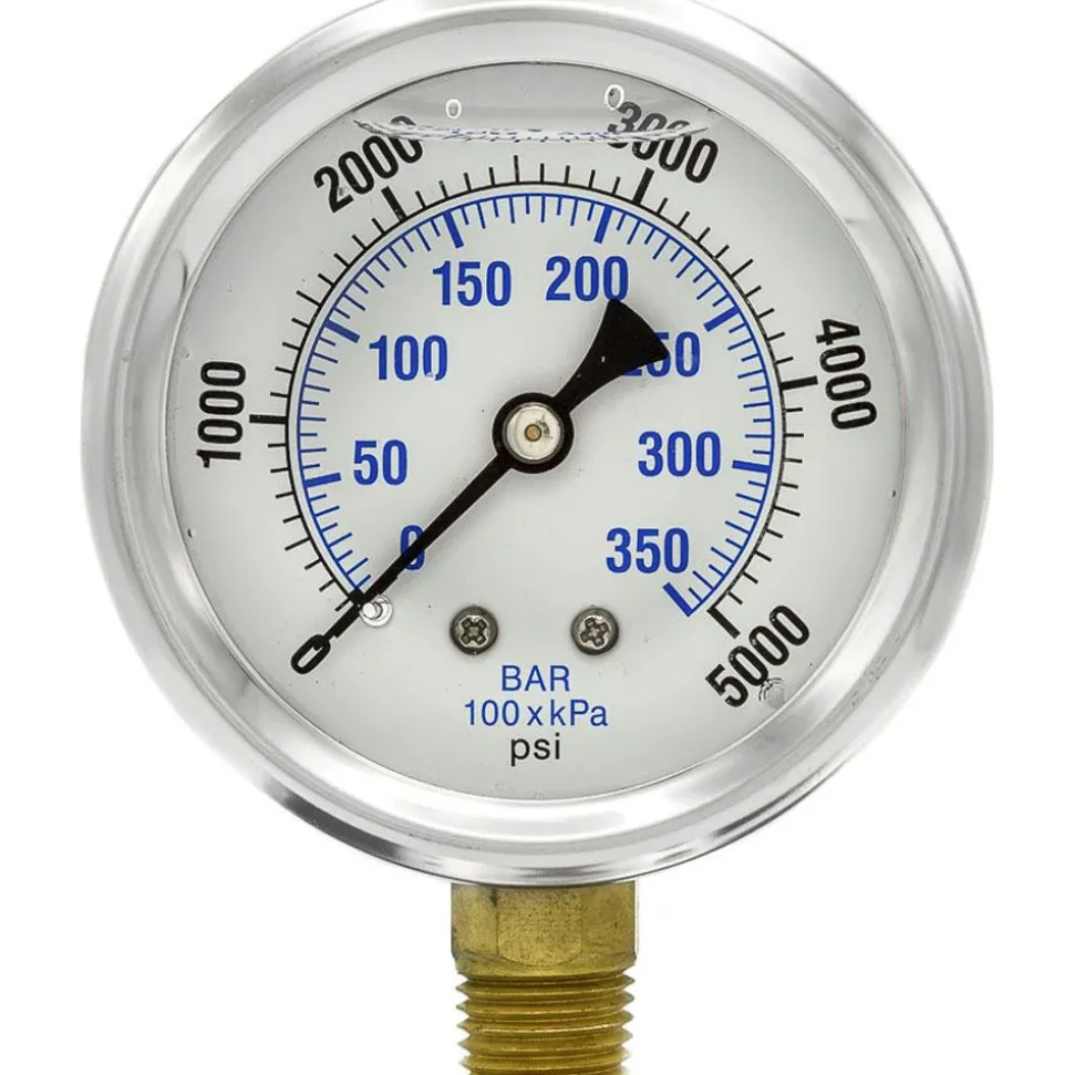 Pressure Gauge: 2-1/2" Dial Dia, 0 to 5,000 psi, 1/4" MNPT, Lower Mount