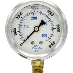 Pressure Gauge: 2-1/2" Dial Dia, 0 to 6,000 psi, 1/4" MNPT, Lower Mount