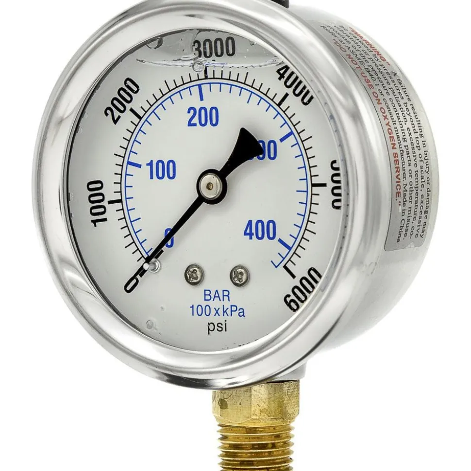 Pressure Gauge: 2-1/2" Dial Dia, 0 to 6,000 psi, 1/4" MNPT, Lower Mount