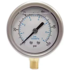Pressure Gauge: 2-1/2" Dial, 100 psi, 1/4" Thread, NPT, Lower Mount