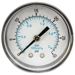 Pressure Gauge: 2" Dial, 30 psi, 1/4" Thread, NPT, Center Back Mount