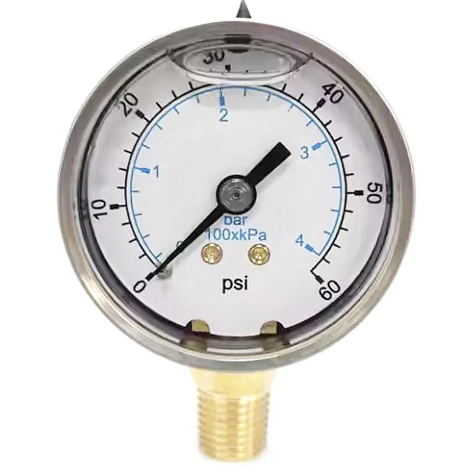 Pressure Gauge: 2" Dial, 60 psi, 1/4" Thread, NPT, Lower Mount