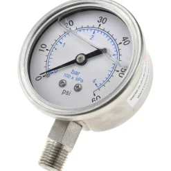 Pressure Gauge: 2-1/2" Dial, 60 psi, 1/4" Thread, NPT, Lower Mount