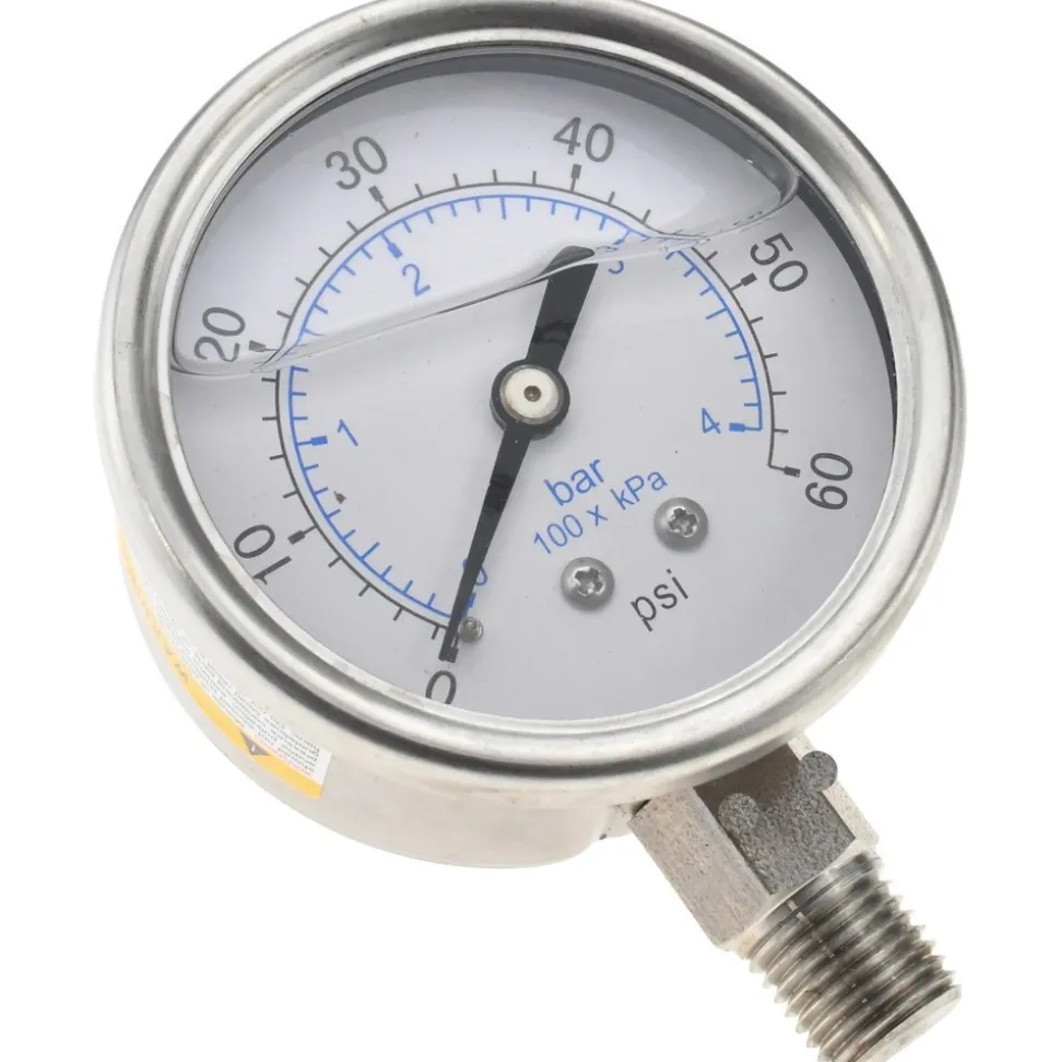 Pressure Gauge: 2-1/2" Dial, 60 psi, 1/4" Thread, NPT, Lower Mount