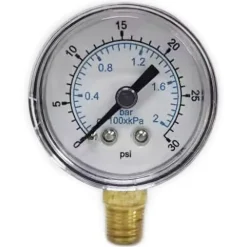Pressure Gauge: 2" Dial, 30 psi, 1/4" Thread, NPT, Lower Mount