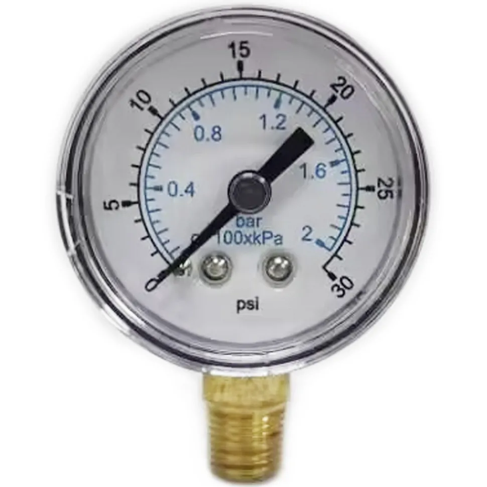 Pressure Gauge: 2" Dial, 30 psi, 1/4" Thread, NPT, Lower Mount