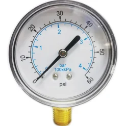 Pressure Gauge: 2-1/2" Dial, 60 psi, 1/4" Thread, NPT, Lower Mount
