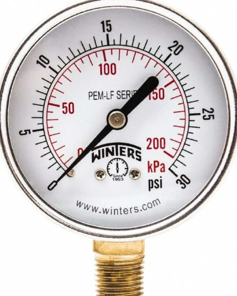 Pressure Gauge: 2-1/2" Dial, 0 to 30 psi, 1/4" Thread, NPT, Lower Mount