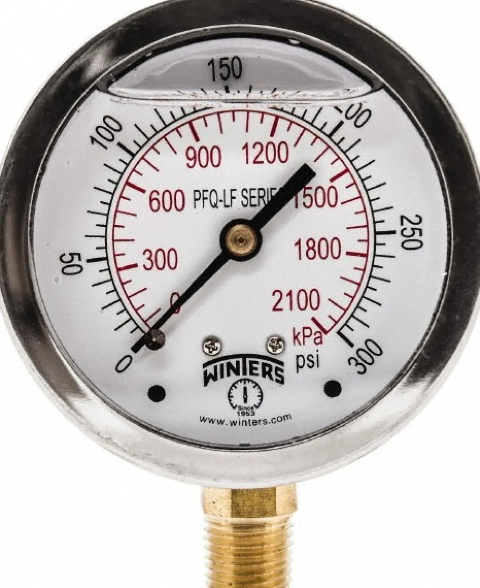 Pressure Gauge: 2-1/2" Dial, 0 to 300 psi, 1/4" Thread, NPT, Lower Mount