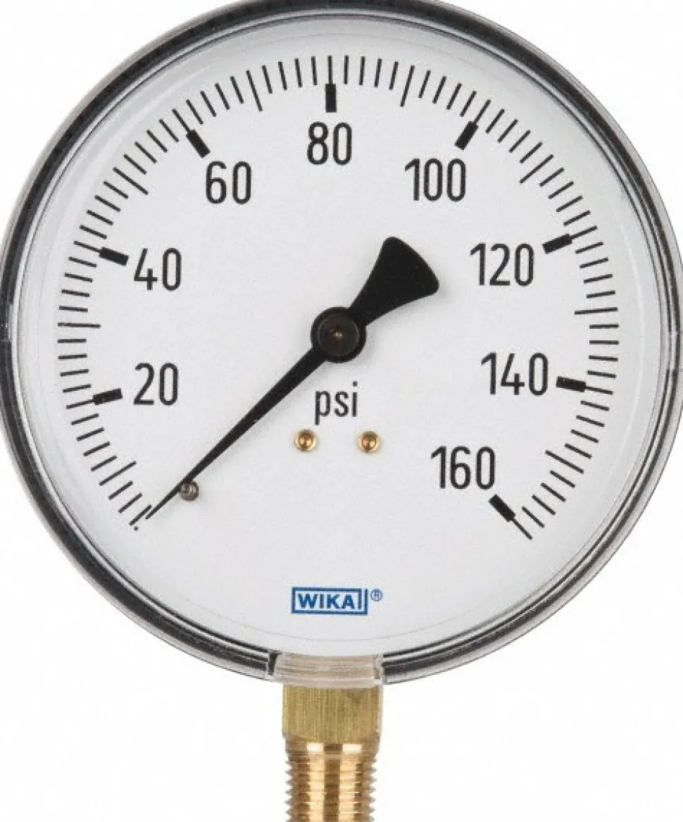 Pressure Gauge: 4" Dial, 0 to 160 psi, 1/4" Thread, NPT, Lower Mount