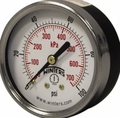 Pressure Gauge: 2-1/2" Dial, 0 to 160 psi, 1/4" Thread, NPT, Center Back Mount