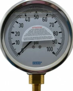 Pressure Gauge: 4" Dial, 0 to 100 psi, 1/4" Thread, NPT, Lower Mount