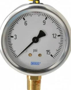 Pressure Gauge: 2-1/2" Dial, 0 to 15 psi, 1/4" Thread, NPT, Lower Mount