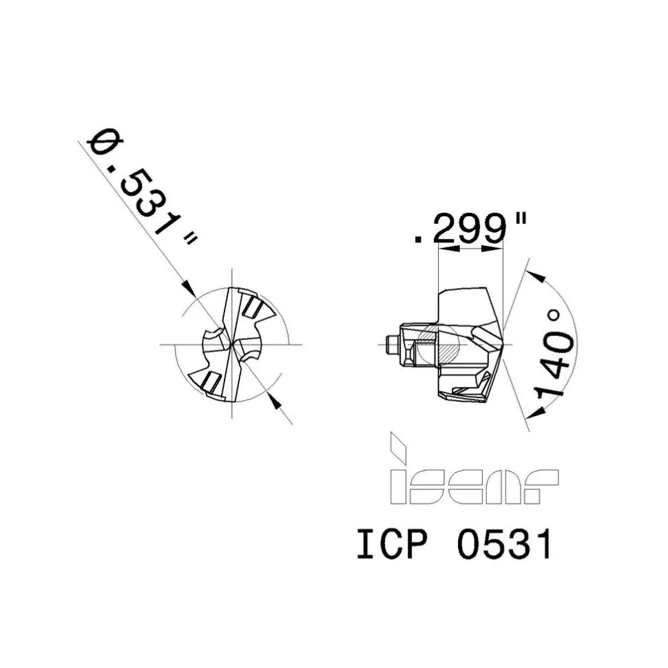 Replaceable Drill Tip: ICP0531 IC908, 0.5310" Dia, 13.49 mm Dia, 140 deg Point