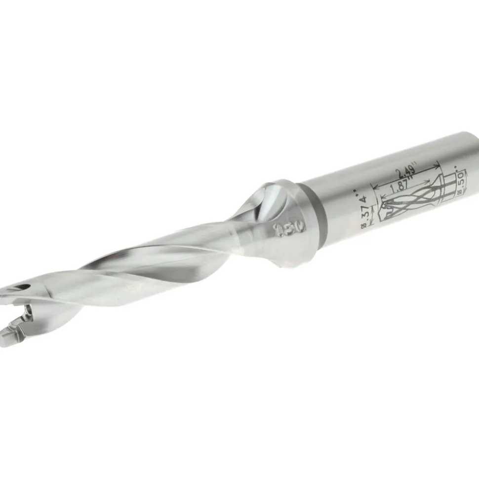Replaceable-Tip Drill: 0.374 to 0.39" Dia, 1.87" Max Depth, 1/2" Weldon Flat Shank