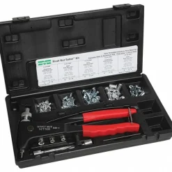 Riveter Kits; Type: Manual Rivet Nut Tool; Minimum Size (mm): 4 mm; Material: Steel; Includes: 15 each M57411; M39300 Rivet Nut tool; 75 Assorted Klik Poly Nuts: 25 each M57407, M57409; 10 each M57413; Plastic Case with 4mm, 5mm, 6mm and 8mm Mandrels and Nosepieces, Wrench and Instructions