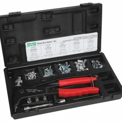 Riveter Kits; Type: Manual Rivet Nut Tool; Minimum Size (mm): 4 mm; Material: Steel; Includes: 8 Each M57386; 50 Assorted Ribbed Style Rivet Nuts: 12 Each M57360, M57385, M57384; Plastic Case with 4mm, 5mm and 6mm Mandrels and Nosepieces; M39300 Rivet Nut tool; 6 Each M57387