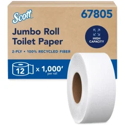 Scott Essential Jumbo Roll (JR) Commercial Toilet Paper (67805), 100% Recycled Fiber, 2-ply, White