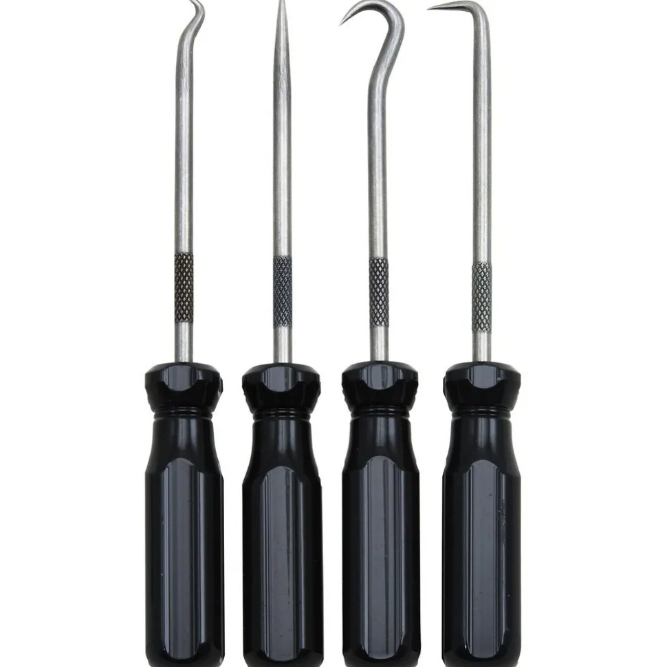 Scribe & Probe Sets; Type: Hook & Pick Scriber Set; Number of Pieces: 4; Overall Length: 5-1/16 in; Includes: Screw Driver Handles; Number Of Pieces: 4; Contents: Straight Pick; Hook Pick; 90 Degree Pick; Combination Pick; Overall Length: 5-1/16; 5-1/16 in; Overall Length (Inch): 5-1/16; 5-1/16 in