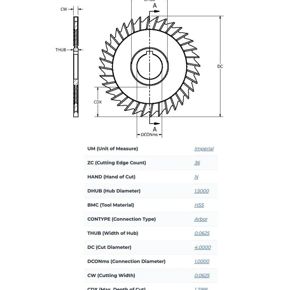 Side Chip Saw: 4" Blade Dia, 1/16" Blade Thickness, 1" Arbor Hole Dia, 36 Teeth, High Speed Steel